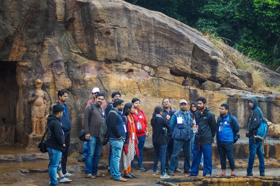 Morning walkers at Khandagiri-Udaygiri caves as part of a heritage walk programme in Bhubaneswar on Saturday.