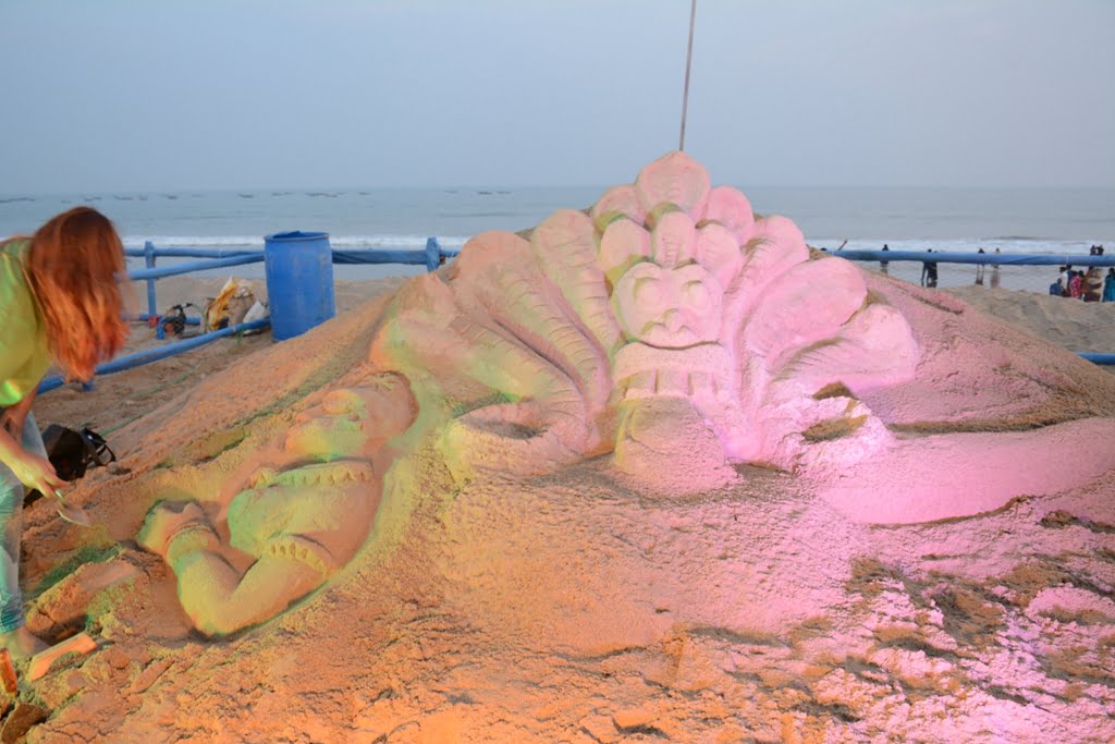 Sand sculpture at International Sand Art Festival at Konark on Tuesday. Photograph: Odishabytes