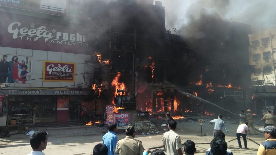 Fire raging at City Style Shopping Mall in Badambadi, Cuttack, on Sunday.