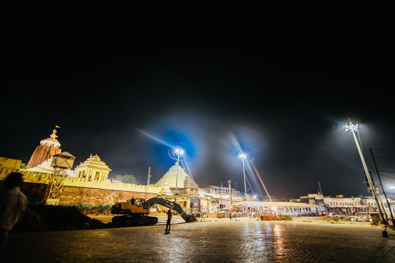 SECURITY VS HERITAGE: As Puri witnesses an unprecedented demolition drive, an illuminated 12th Century Jagannath Temple overlooks a new-look Bada Danda on Thursday.