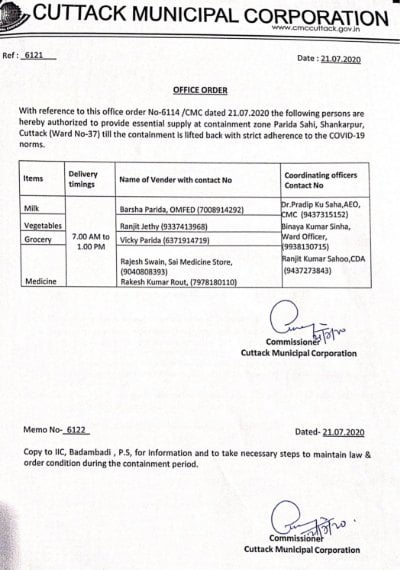 containment zone cuttack parida sahi shankarpur