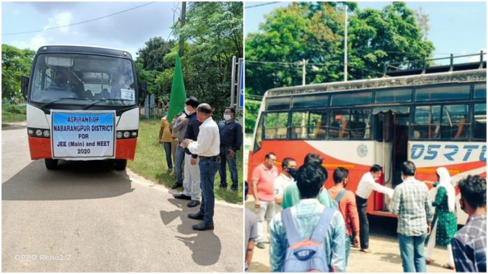 The first batch of JEE and NEET aspirants and their guardians boarded OSRTC buses in Koenjhar and Nabaranpur districts on Sunday.