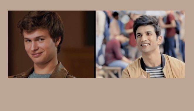 [L]Ansel Elgort as Augustus Waters in The Fault in our Stars [R]Sushant Singh Rajput as Manny in Dil Bechara