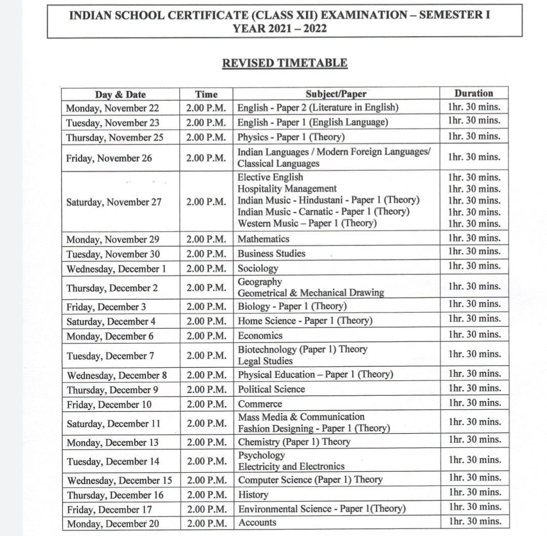 ISC class 12 revised timetable