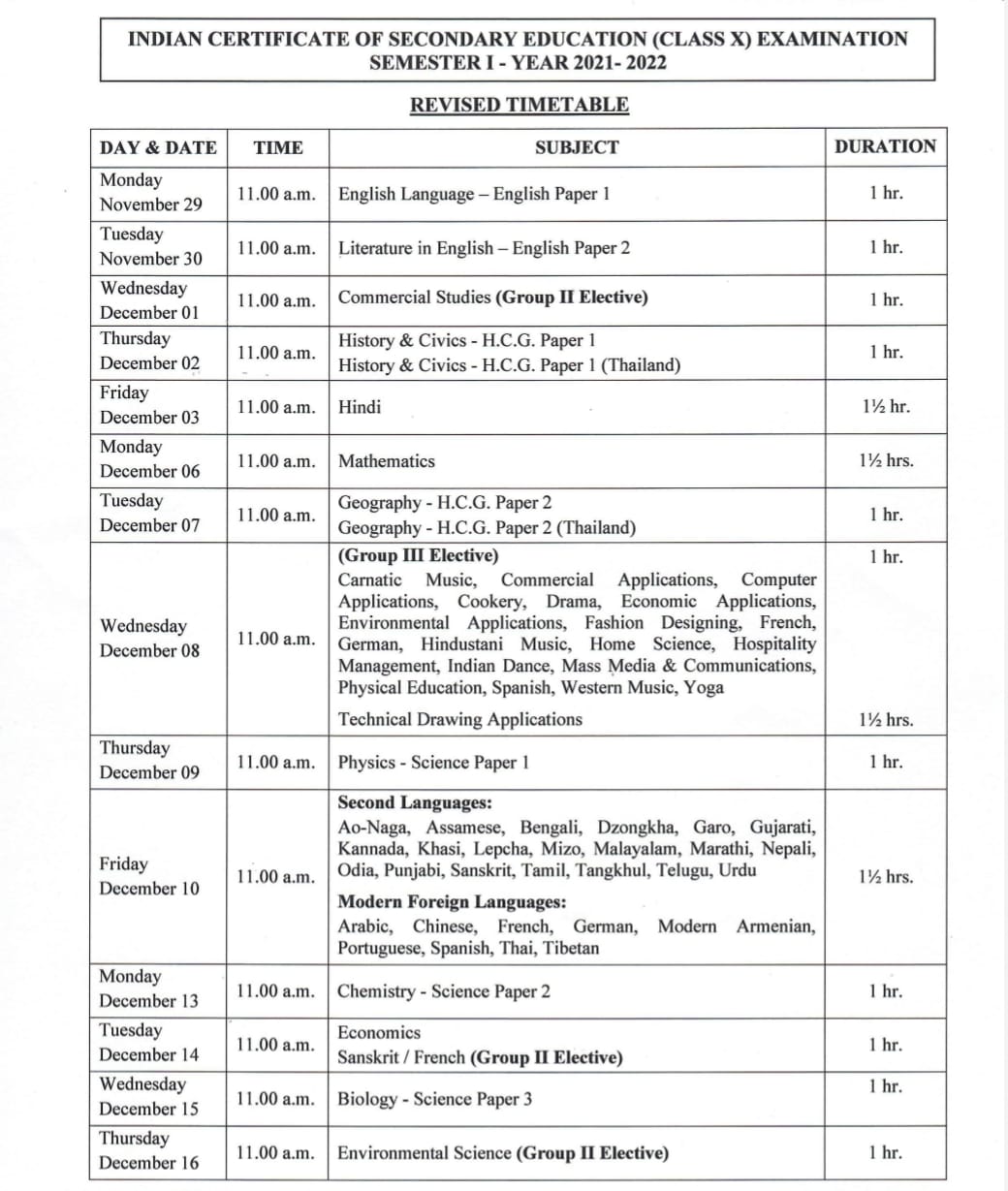 ICSE class 10 revised timetable