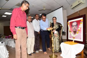 Guests lighting the ceremonial lamp at Ganeswar Mishra's 7th death anniversary event held at Geeta Gobinda Sadan in Bhubaneswar on Tuesday