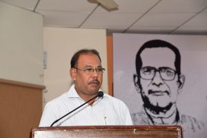Film historian Surya Deo delivering the Ganeswar Mishra Memorial Lecture at Geeta Gobinda Sadan in Bhubaneswar on Tuesday. OB photo