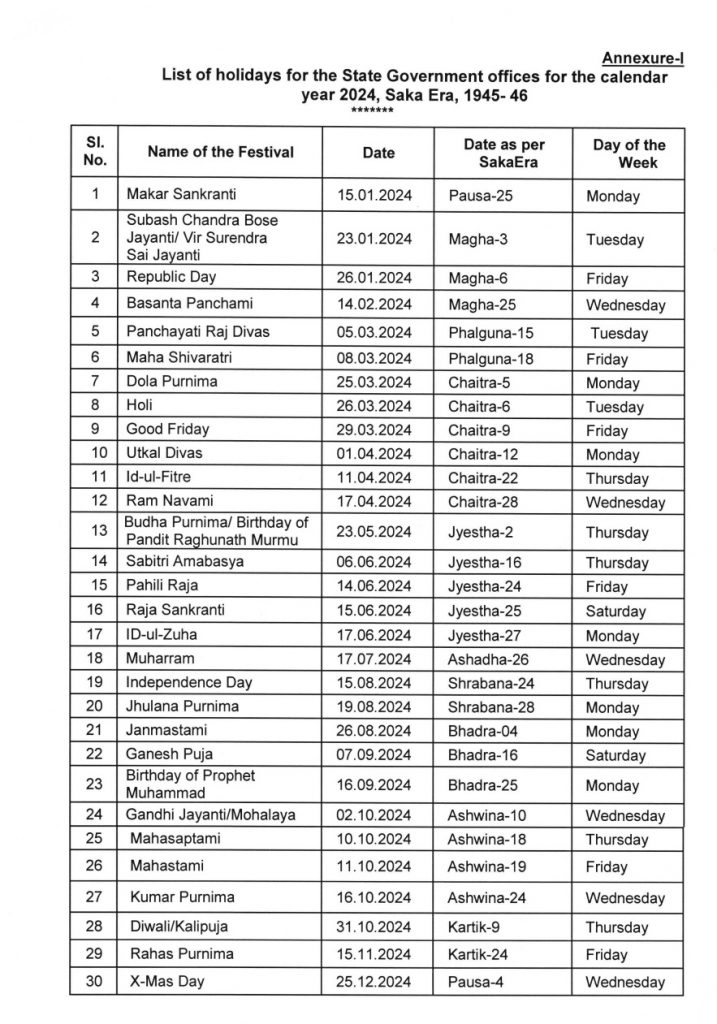 Odisha Govt Calendar 2025 Pdf Download In English 