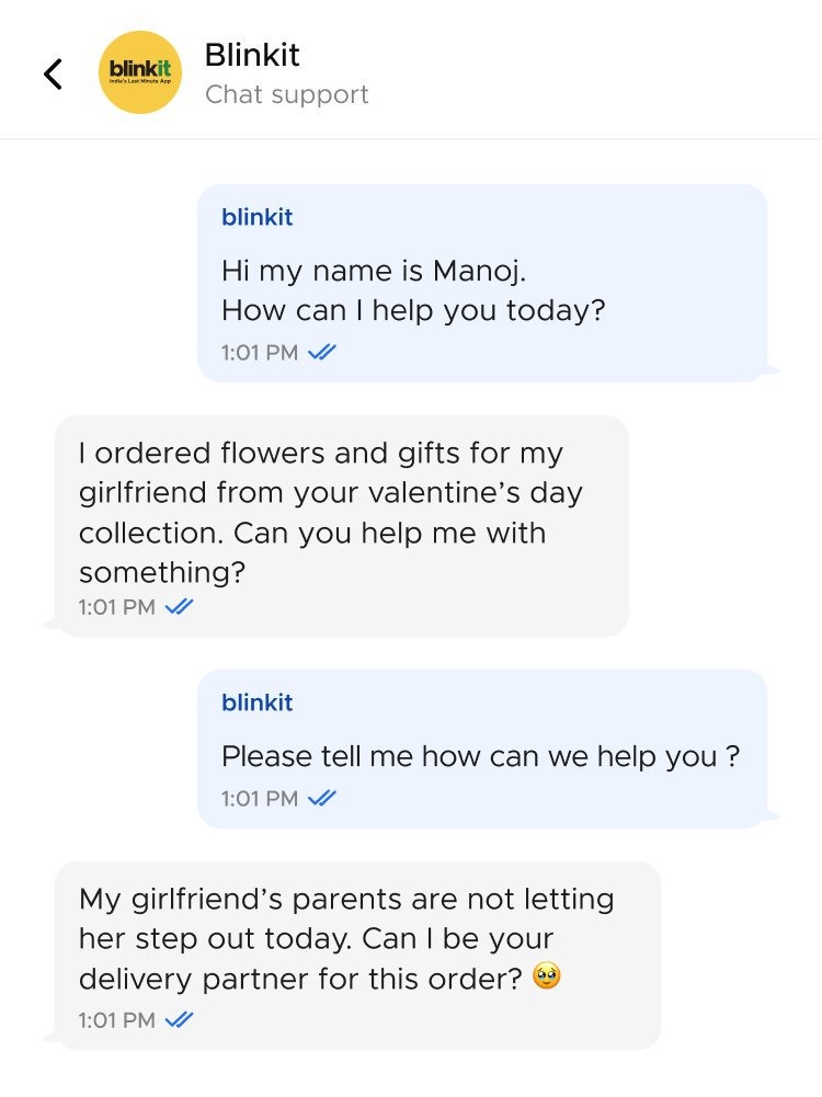 Man Requests Blinkit To Drop Him At Girlfriend’s House on V-Day, CEO Reacts