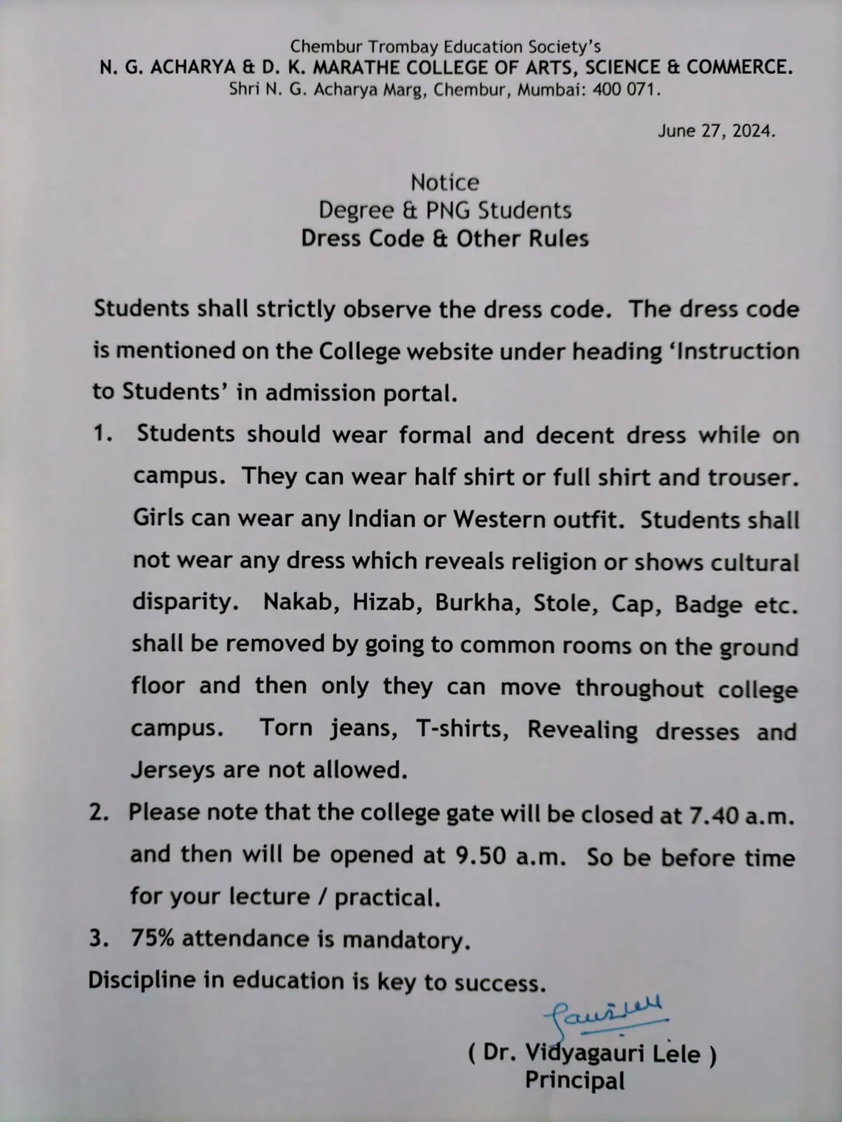 Mumbai college dress code notice