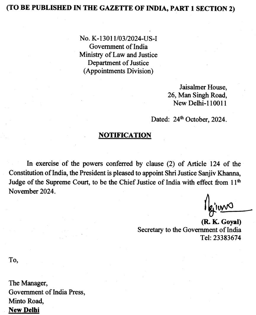 CJI Sanjeev Khanna appointed notified