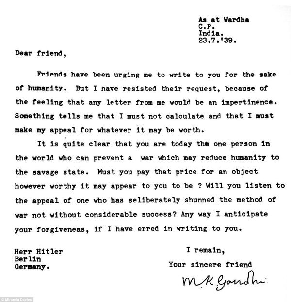 Mahatma gandhi letter to hitler